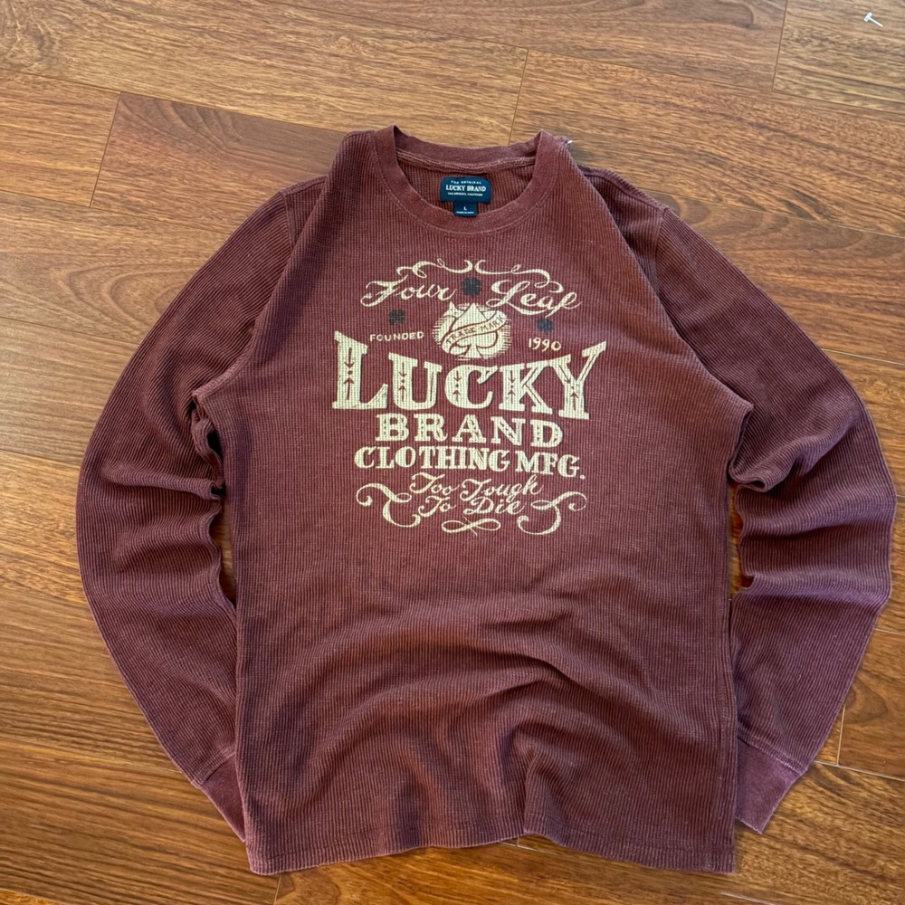 Y2K Lucky Brand Graphic Thermal Waffle Knit Shirt Burgundy Four Leaf Clover L